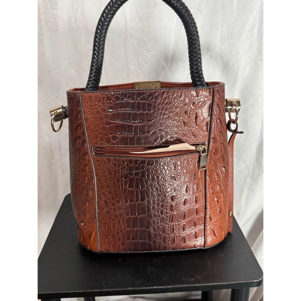 Brahmin Brown Croc Embossed Bucket Bag Black Braided Handle Gold Hardware